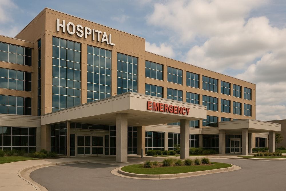 Hospital main entrance with emergency department canopy